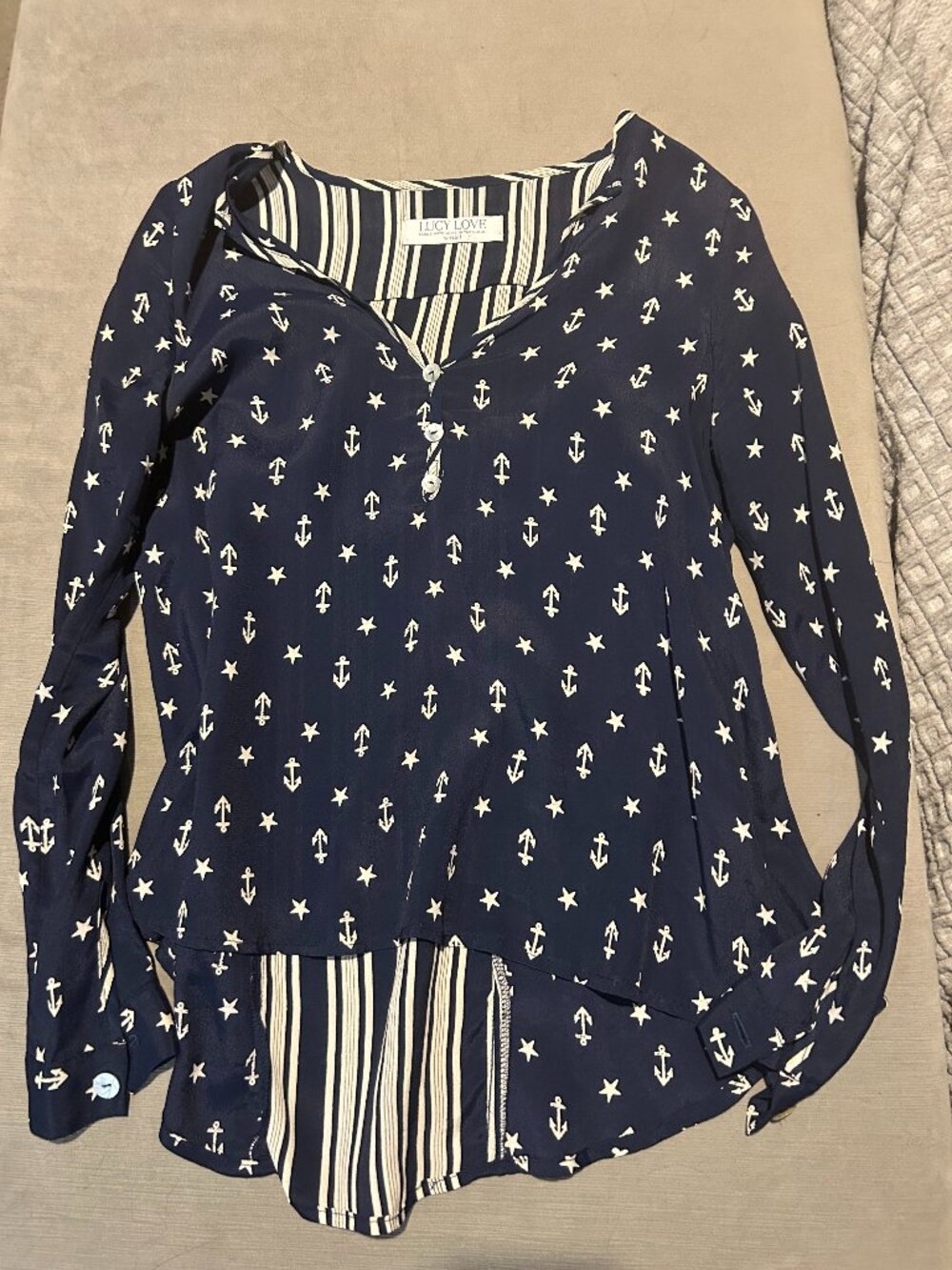 LUCY LOVE Navy Anchor Stripe Mixed Print High Low Nautical Blouse S